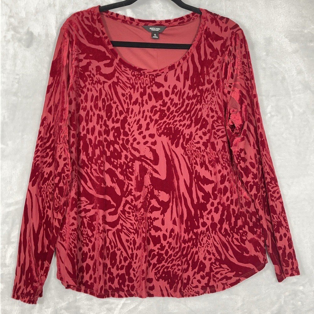 Vera Wang Velvet Burnout Top Womens XL Red Animal Print Long Sleeve Valentines